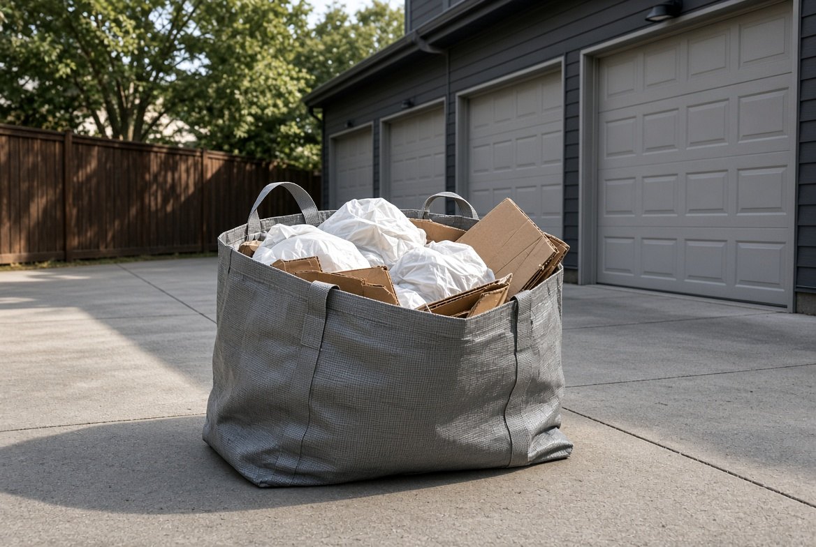 Bag of recycling and cardboard set out for collection