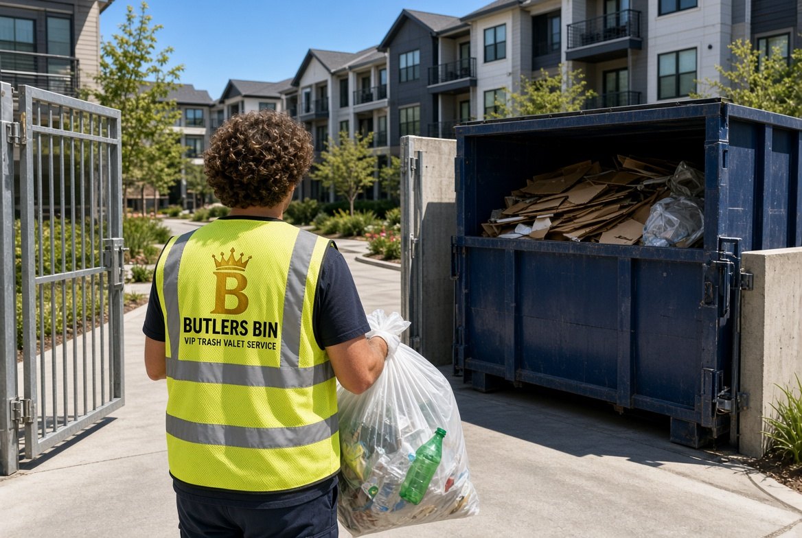 Butlers Bin valet bringing a bag to an apartment community trash enclosure