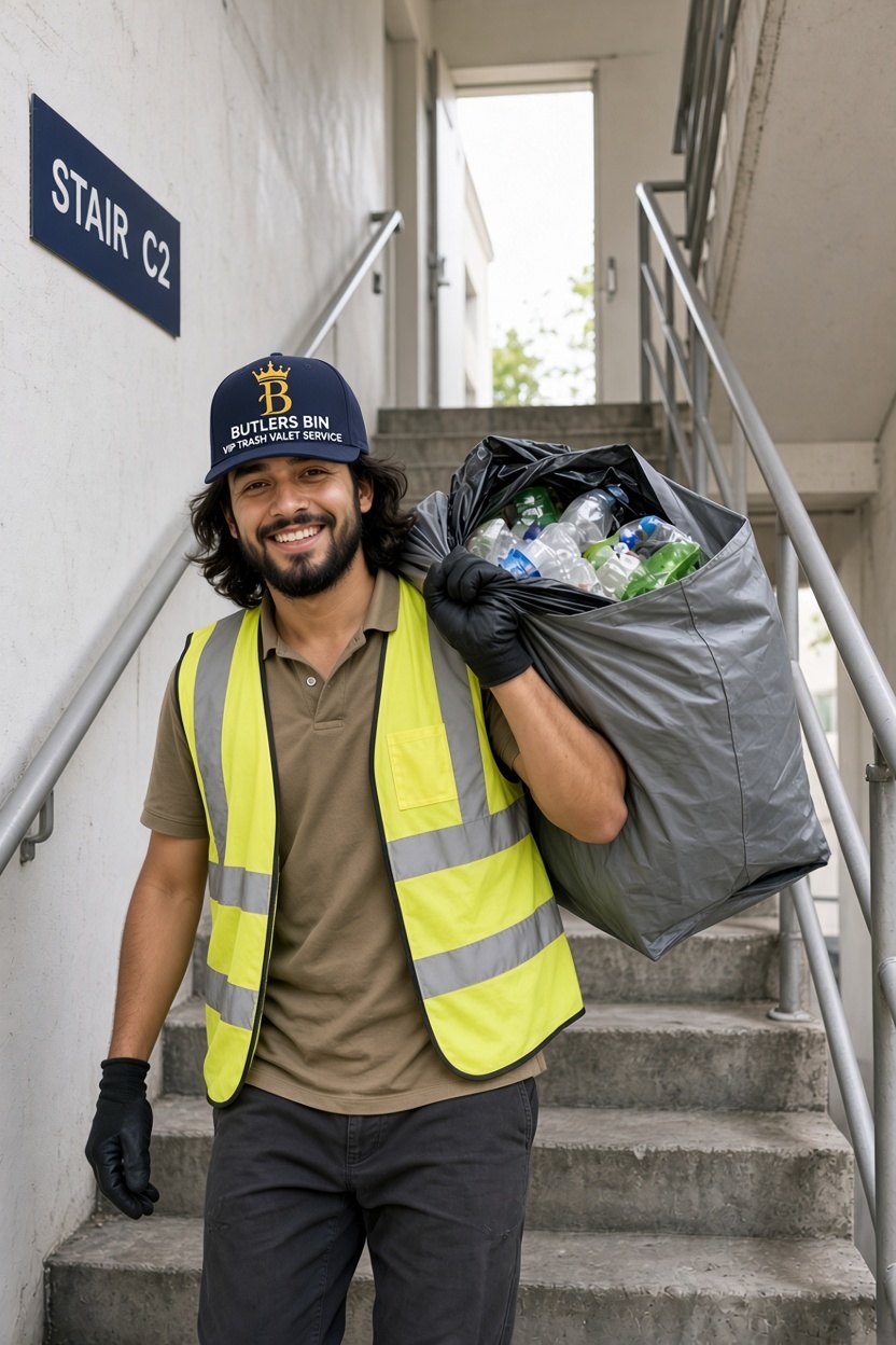 Smiling Butlers Bin valet carrying a recycling bag down an apartment stairwell